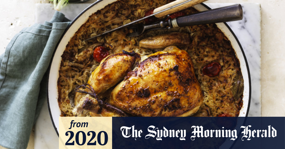 Karen Martini recipe roast chicken on baked rice with tomato, cumin